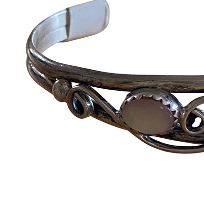 Native American Sterling Silver & Moonstone Cuff Bracelet With Swirl Design