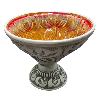 Vintage Pedestal Compote Bowl R-195 USA Art Pottery Intricate Floral Design Brown Red Green
