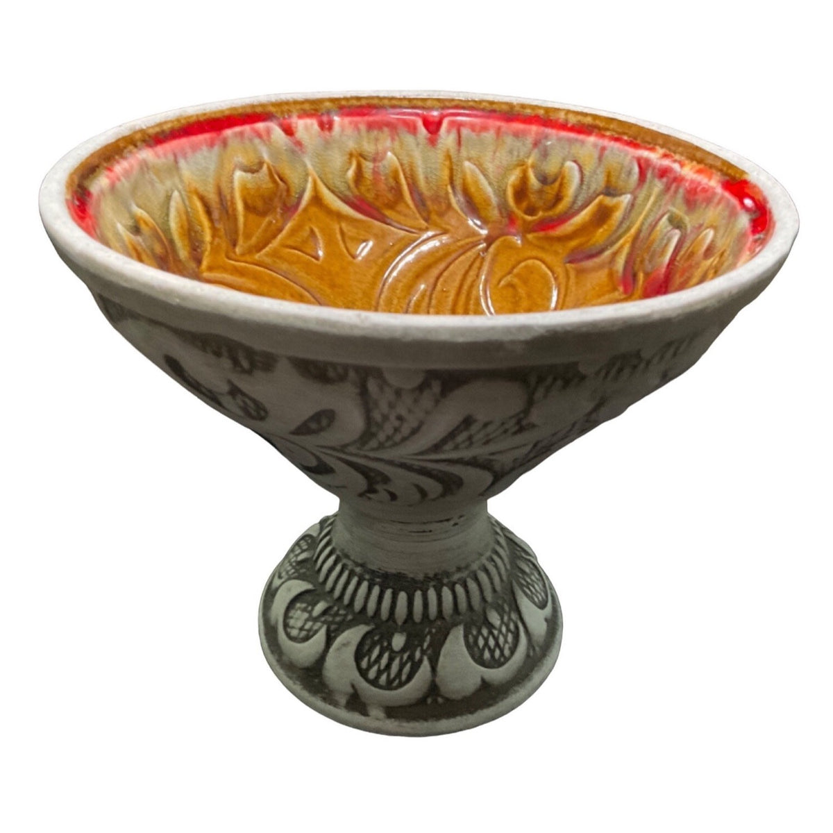 Vintage Pedestal Compote Bowl R-195 USA Art Pottery Intricate Floral Design Brown Red Green