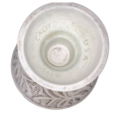 Vintage Pedestal Compote Bowl R-195 USA Art Pottery Intricate Floral Design Brown Red Green