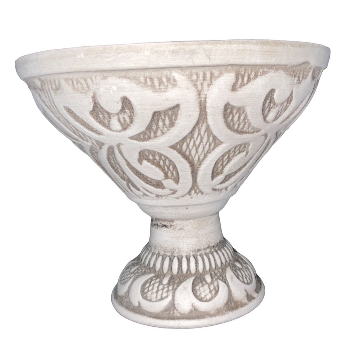 Vintage Pedestal Compote Bowl R-195 USA Art Pottery Intricate Floral Design Brown Red Green