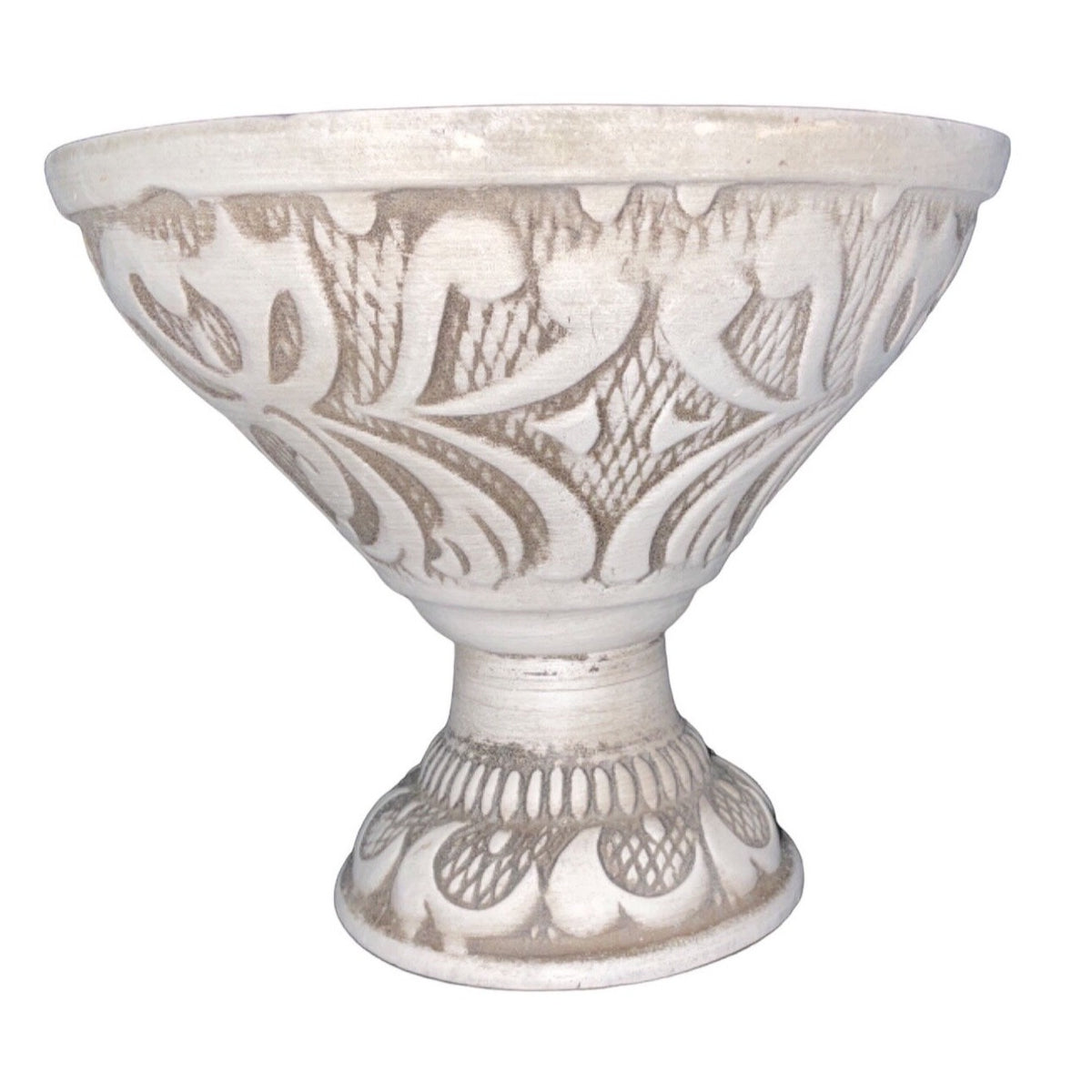 Vintage Pedestal Compote Bowl R-195 USA Art Pottery Intricate Floral Design Brown Red Green