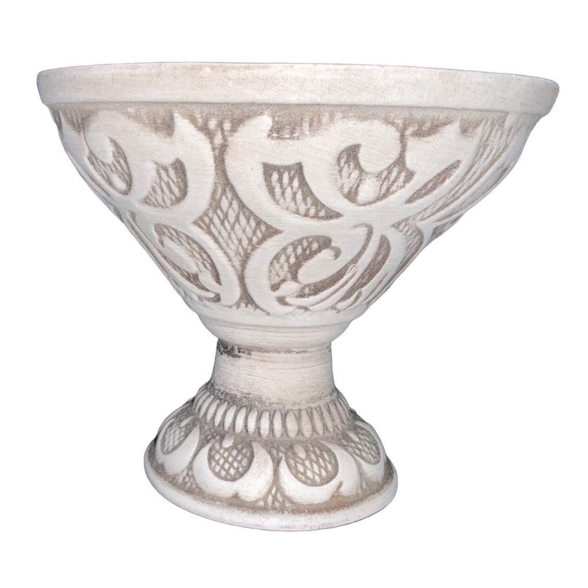 Vintage Pedestal Compote Bowl R-195 USA Art Pottery Intricate Floral Design Brown Red Green