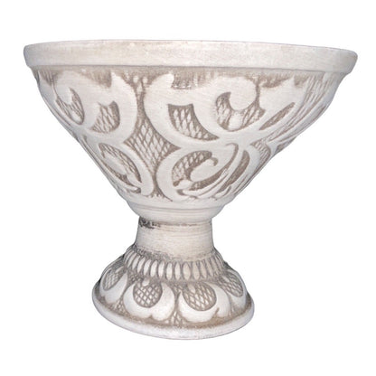 Vintage Pedestal Compote Bowl R-195 USA Art Pottery Intricate Floral Design Brown Red Green
