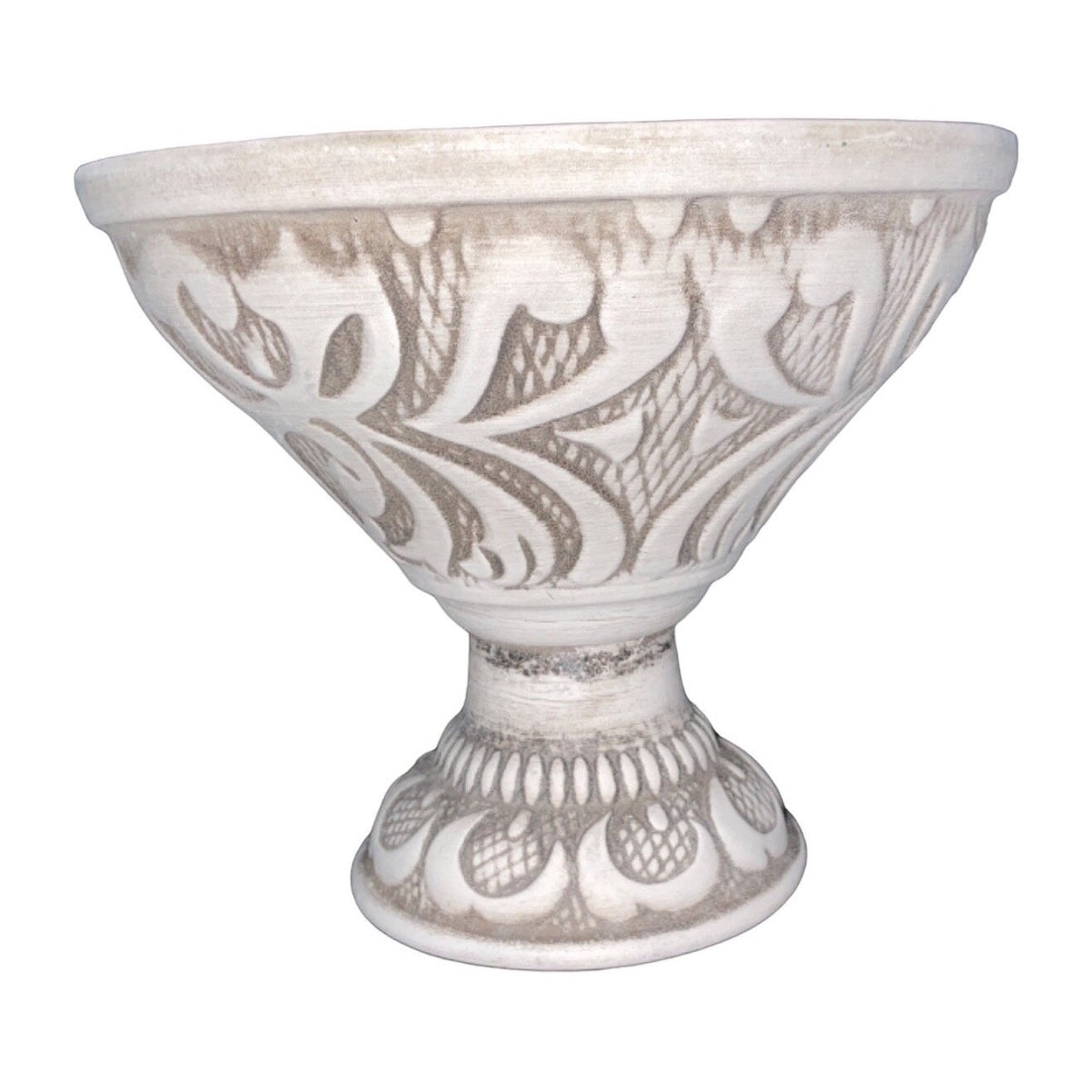 Vintage Pedestal Compote Bowl R-195 USA Art Pottery Intricate Floral Design Brown Red Green