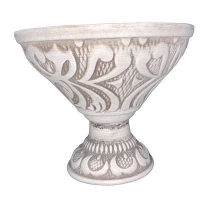 Vintage Pedestal Compote Bowl R-195 USA Art Pottery Intricate Floral Design Brown Red Green