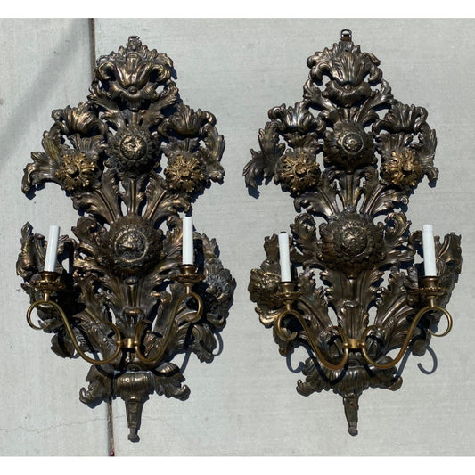 18th Century Rococo Style Wall Sconces Ornate Floral Design Copper Iron