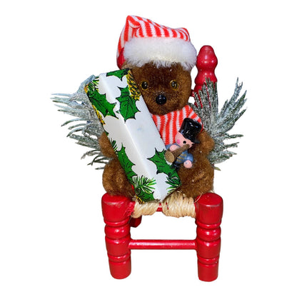 Handcrafted Teddy Bear Christmas Decoration On Red Chair With Festive Details