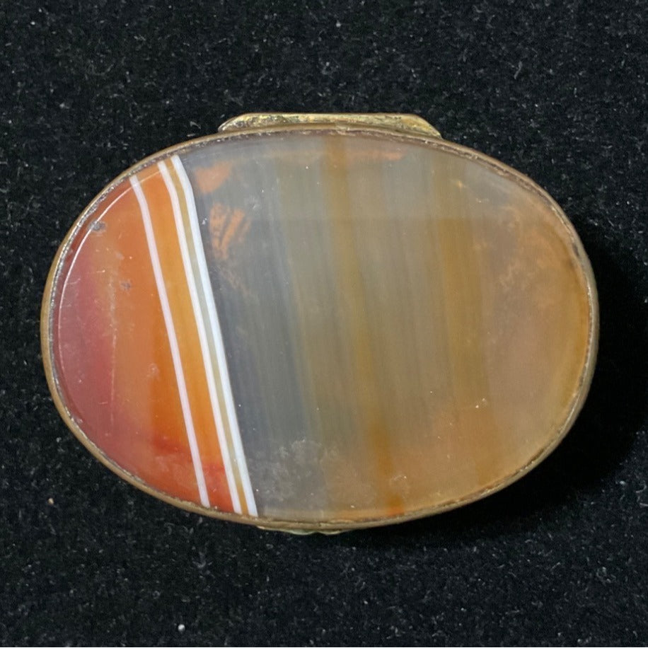 Antique Brass & Agate Hinged Trinket Box With Ornate Carved Detail And Striped Stone Lid