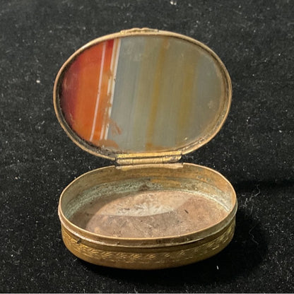 Antique Brass & Agate Hinged Trinket Box With Ornate Carved Detail And Striped Stone Lid