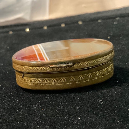 Antique Brass & Agate Hinged Trinket Box With Ornate Carved Detail And Striped Stone Lid