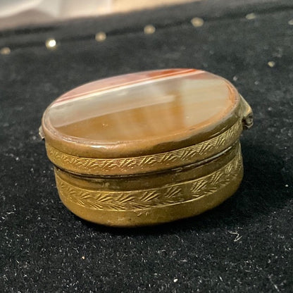 Antique Brass & Agate Hinged Trinket Box With Ornate Carved Detail And Striped Stone Lid