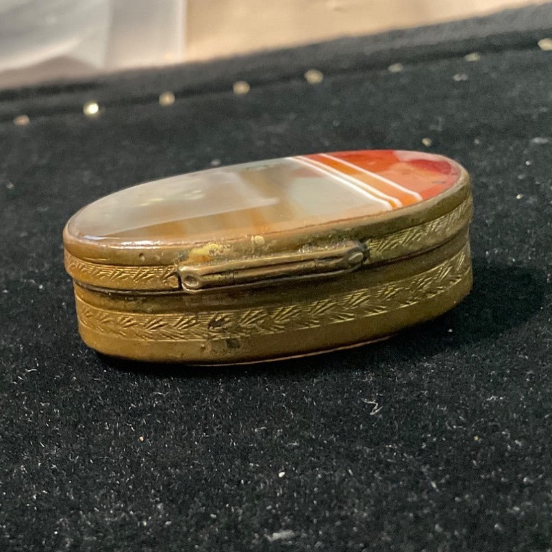 Antique Brass & Agate Hinged Trinket Box With Ornate Carved Detail And Striped Stone Lid