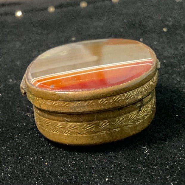 Antique Brass & Agate Hinged Trinket Box With Ornate Carved Detail And Striped Stone Lid