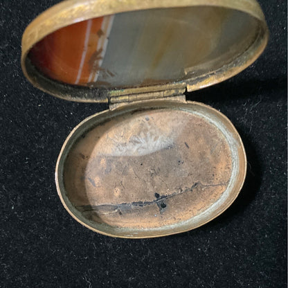 Antique Brass & Agate Hinged Trinket Box With Ornate Carved Detail And Striped Stone Lid