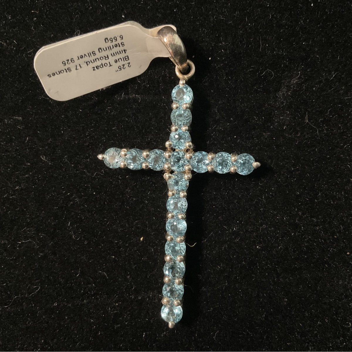 2.25” Blue Topaz Sterling Silver 925 Cross 4mm Round 17 Stones