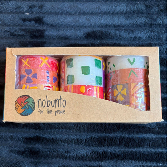 Handmade Fair-Trade Nobunto Indabuko Candles Set Of 3 2.5" Unique Hand-Painted South Africa Vibrant Floral Geometric Patterns Red/White