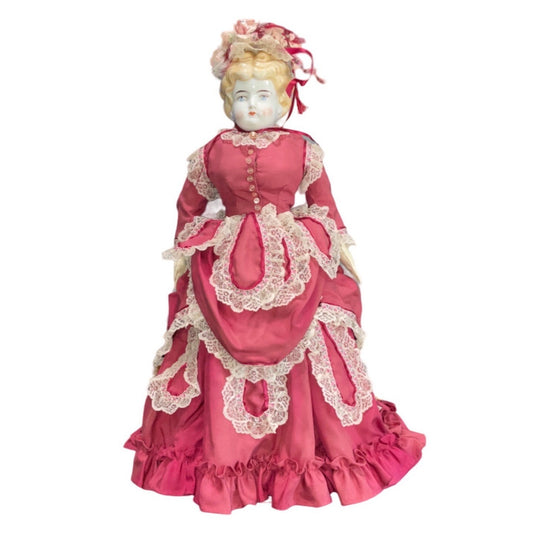 Victorian Porcelain Doll With Pink Lace Dress & Blonde Curls