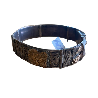 Vintage Mexican Sterling Silver & Gold Accented Panel Bracelet