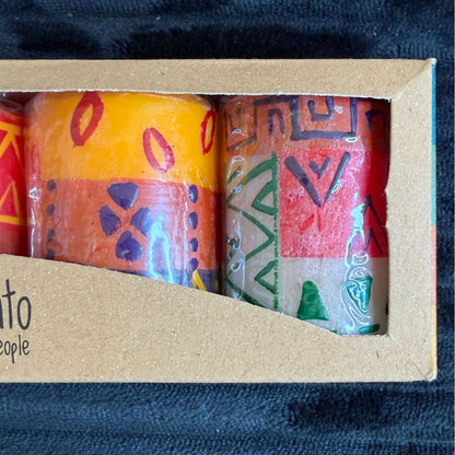 Set Of 3 Nobunto Handcrafted Bongazi Fair-Trade 2.Dinner Candles South Africa Unique Multicolor Handpainted Wax Art Vibrant Orange/Red/Green