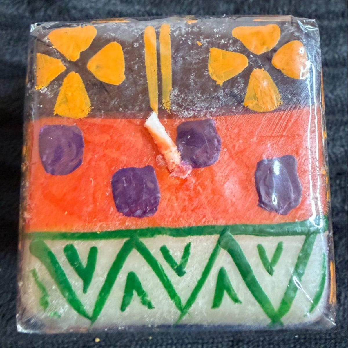 Hand-Crafted Fair-Trade South African Nobunto Indabuko 2.25" Tribal Square Candle Unique Vibrant Design Bold Multi-Colors Orange Red Brown