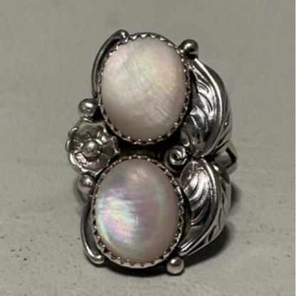 Ring Size 5.5 2 Mother of Pearl 10mm x 8mm Native Possibly Old Pawn Sterling Silver Tested Vintage Jewelry