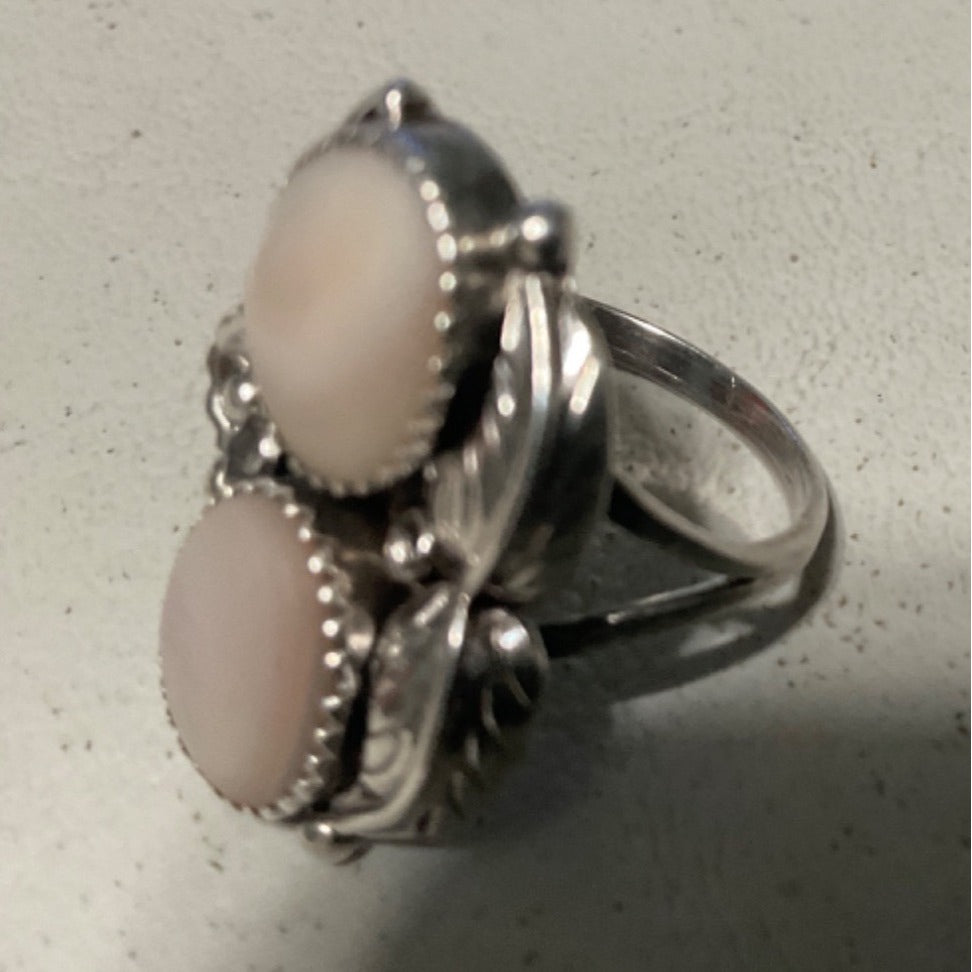 Ring Size 5.5 2 Mother of Pearl 10mm x 8mm Native Possibly Old Pawn Sterling Silver Tested Vintage Jewelry
