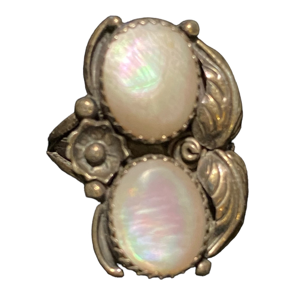 Ring Size 5.5 2 Mother of Pearl 10mm x 8mm Native Possibly Old Pawn Sterling Silver Tested Vintage Jewelry