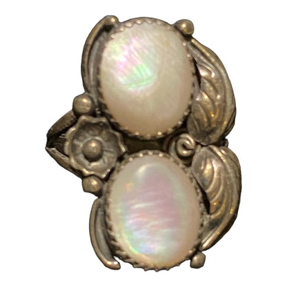 Ring Size 5.5 2 Mother of Pearl 10mm x 8mm Native Possibly Old Pawn Sterling Silver Tested Vintage Jewelry