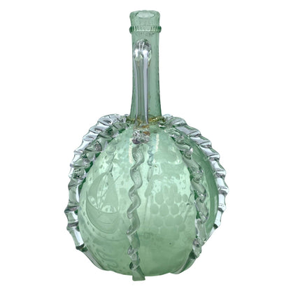 Vintage Green Glass Decanter With Etched Sailboat Design & Clear Swirls