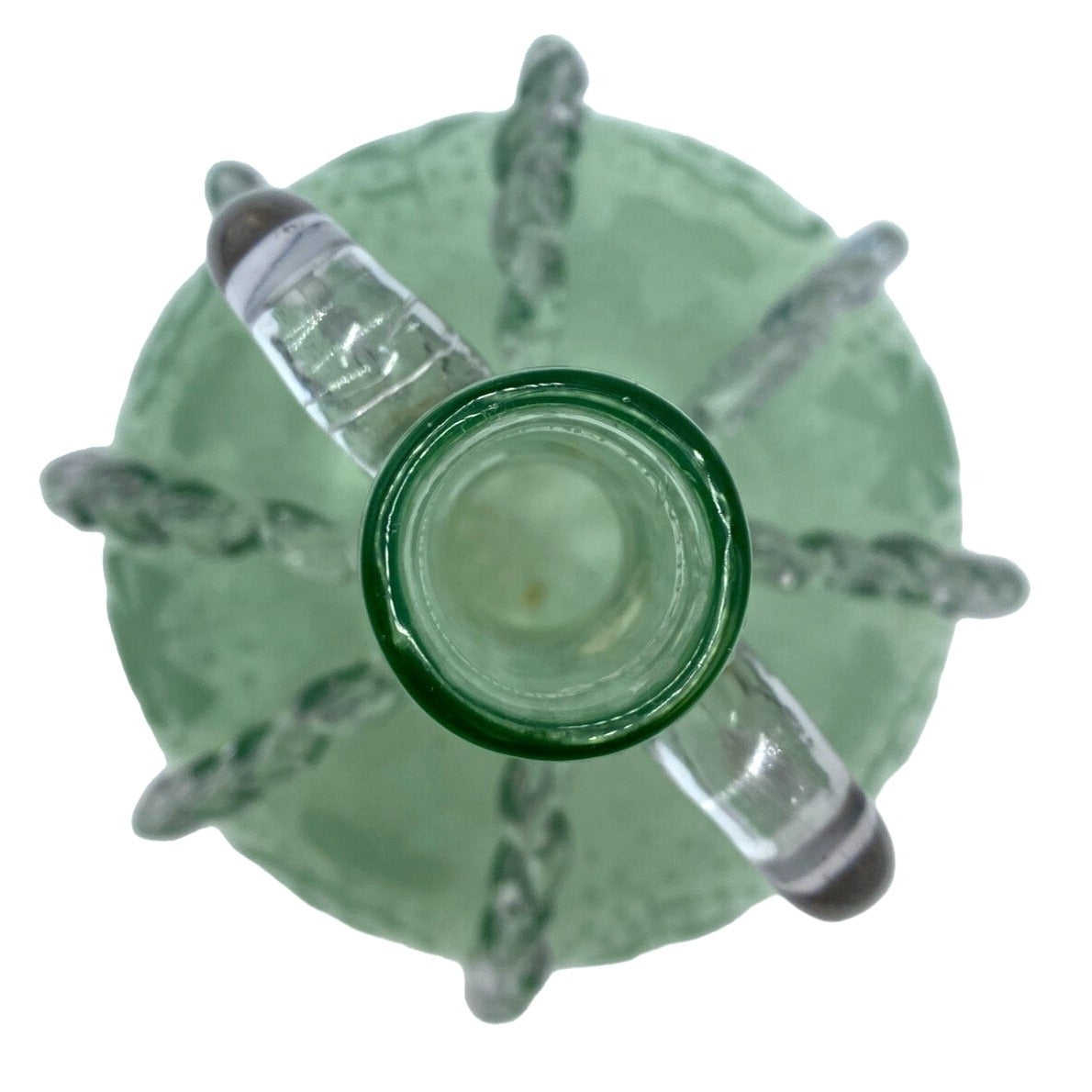 Vintage Green Glass Decanter With Etched Sailboat Design & Clear Swirls