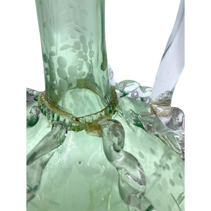 Vintage Green Glass Decanter With Etched Sailboat Design & Clear Swirls