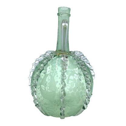 Vintage Green Glass Decanter With Etched Sailboat Design & Clear Swirls
