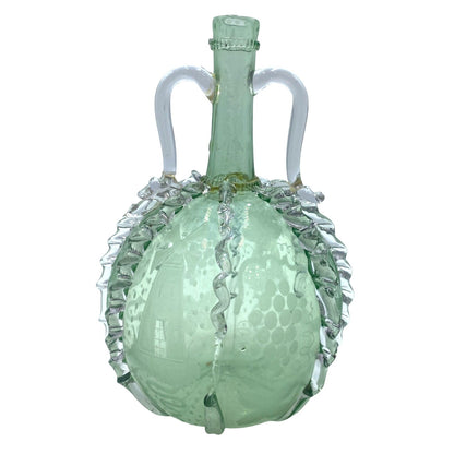 Vintage Green Glass Decanter With Etched Sailboat Design & Clear Swirls
