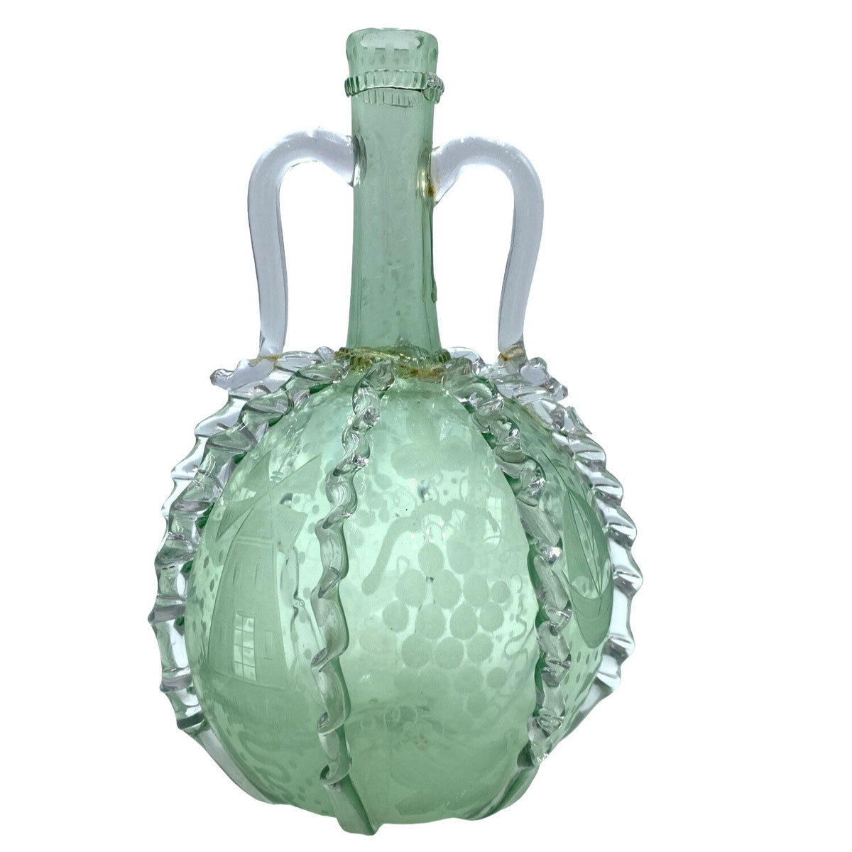 Vintage Green Glass Decanter With Etched Sailboat Design & Clear Swirls