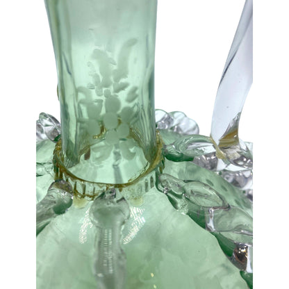 Vintage Green Glass Decanter With Etched Sailboat Design & Clear Swirls
