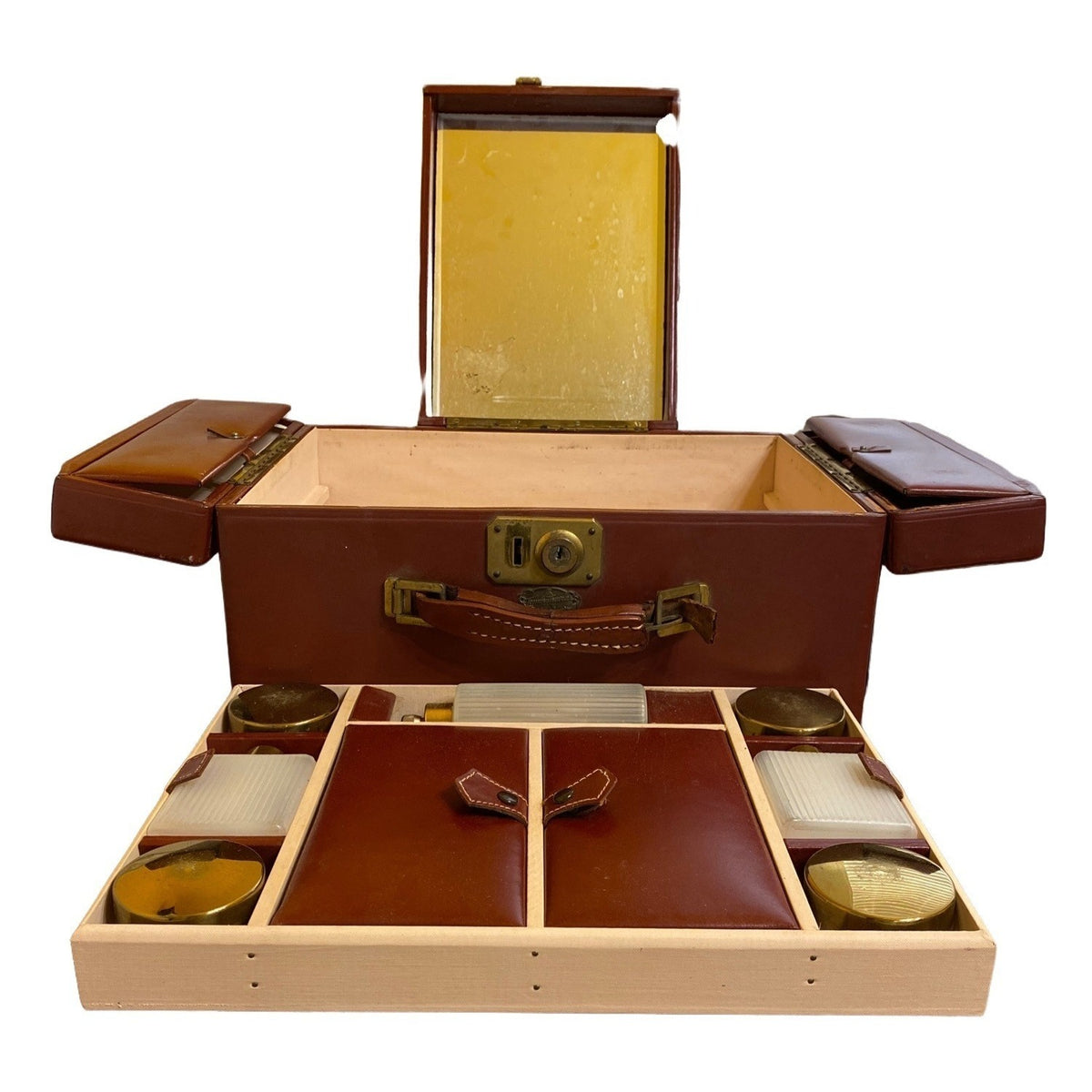 Mid-Century Brown Leather Tommy Traveler Toiletries Case With Compartments & Mirror