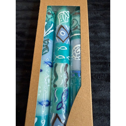 Nobunto Samaki Hand-Painted Fair Trade 9Taper Candles Set Of 3 From South Africa Ocean-Inspired Design Unique Blue & White Colors Gift Boxed