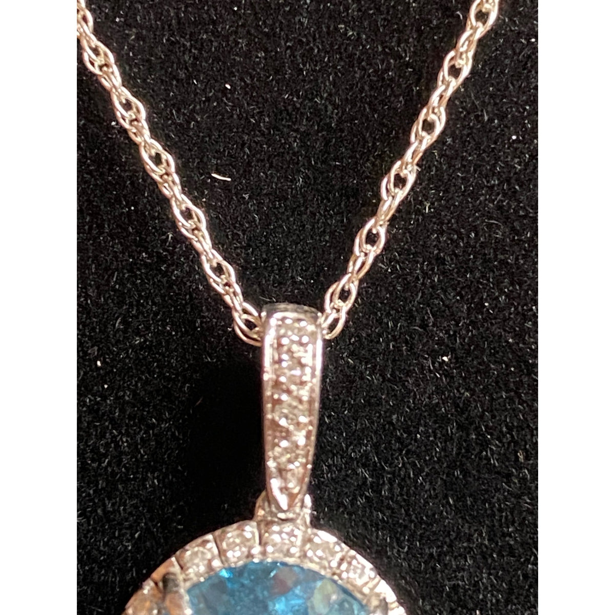 18" Chain Necklace with Blue Topaz and Diamonds Pendant Sterling Silver 925