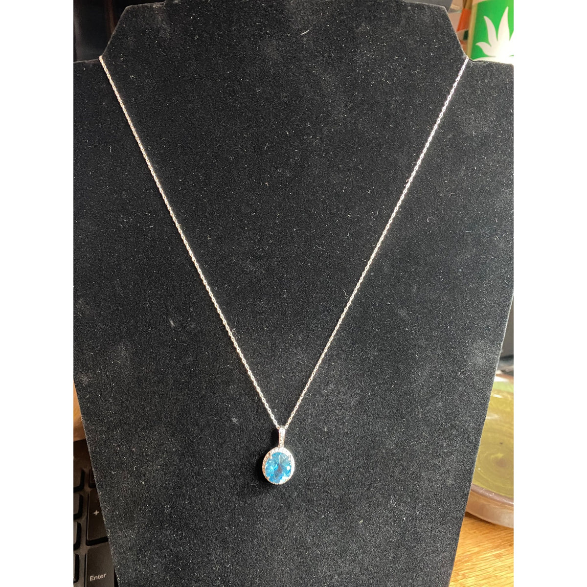18" Chain Necklace with Blue Topaz and Diamonds Pendant Sterling Silver 925