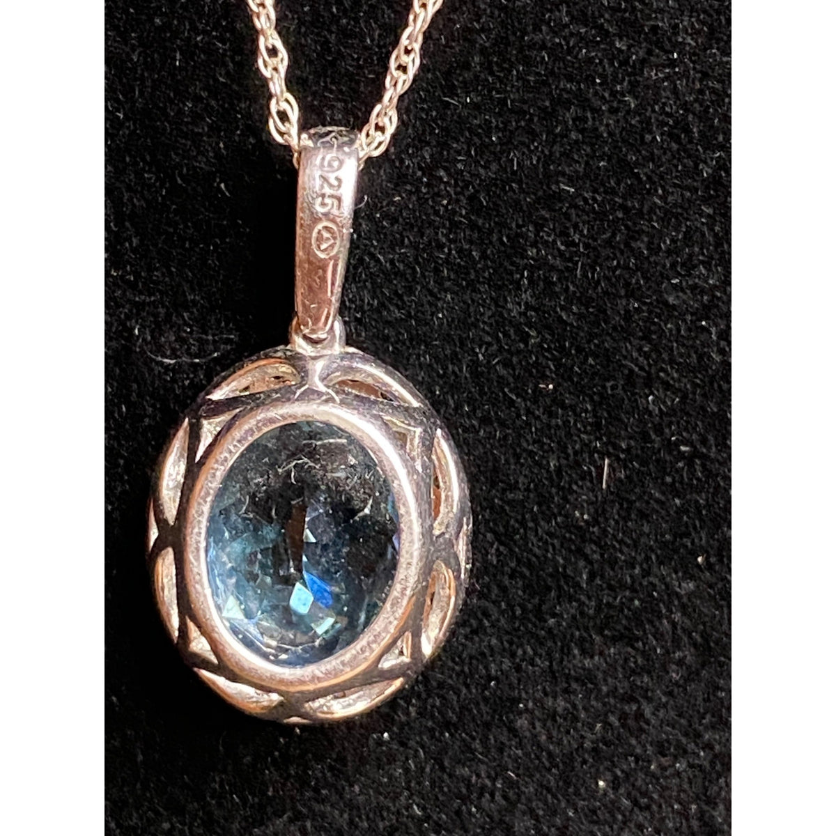 18" Chain Necklace with Blue Topaz and Diamonds Pendant Sterling Silver 925