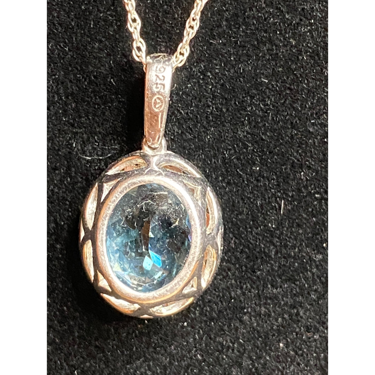 18" Chain Necklace with Blue Topaz and Diamonds Pendant Sterling Silver 925