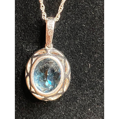 18" Chain Necklace with Blue Topaz and Diamonds Pendant Sterling Silver 925