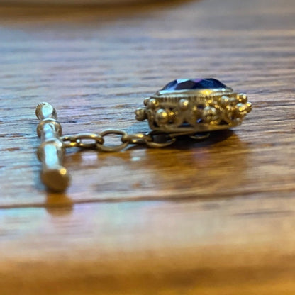 Vintage Sterling Silver Pocket Watch Fob With Sapphire Blue Semi-Precious Gemstone & Chain